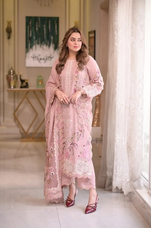 3 Piece Unstitched Heavy Embroidered Chickan Kari Lawn Suit (Ready To Wear Four-sided Embroidered Lawn Dupatta)