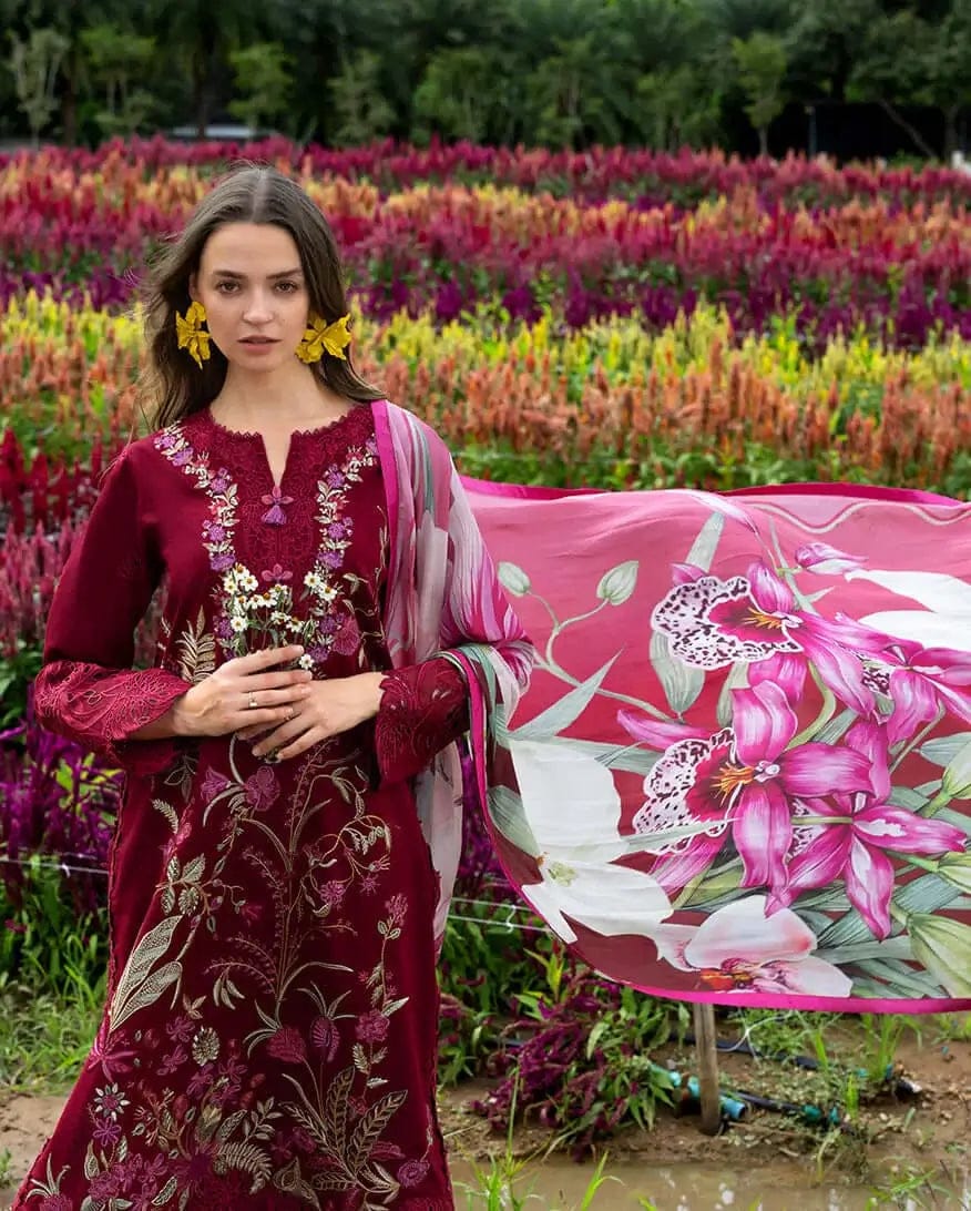 3 Piece Unstitched Heavy Embroidered Chickan Kari Lawn Suit (Printed Fine Silk Dupatta)