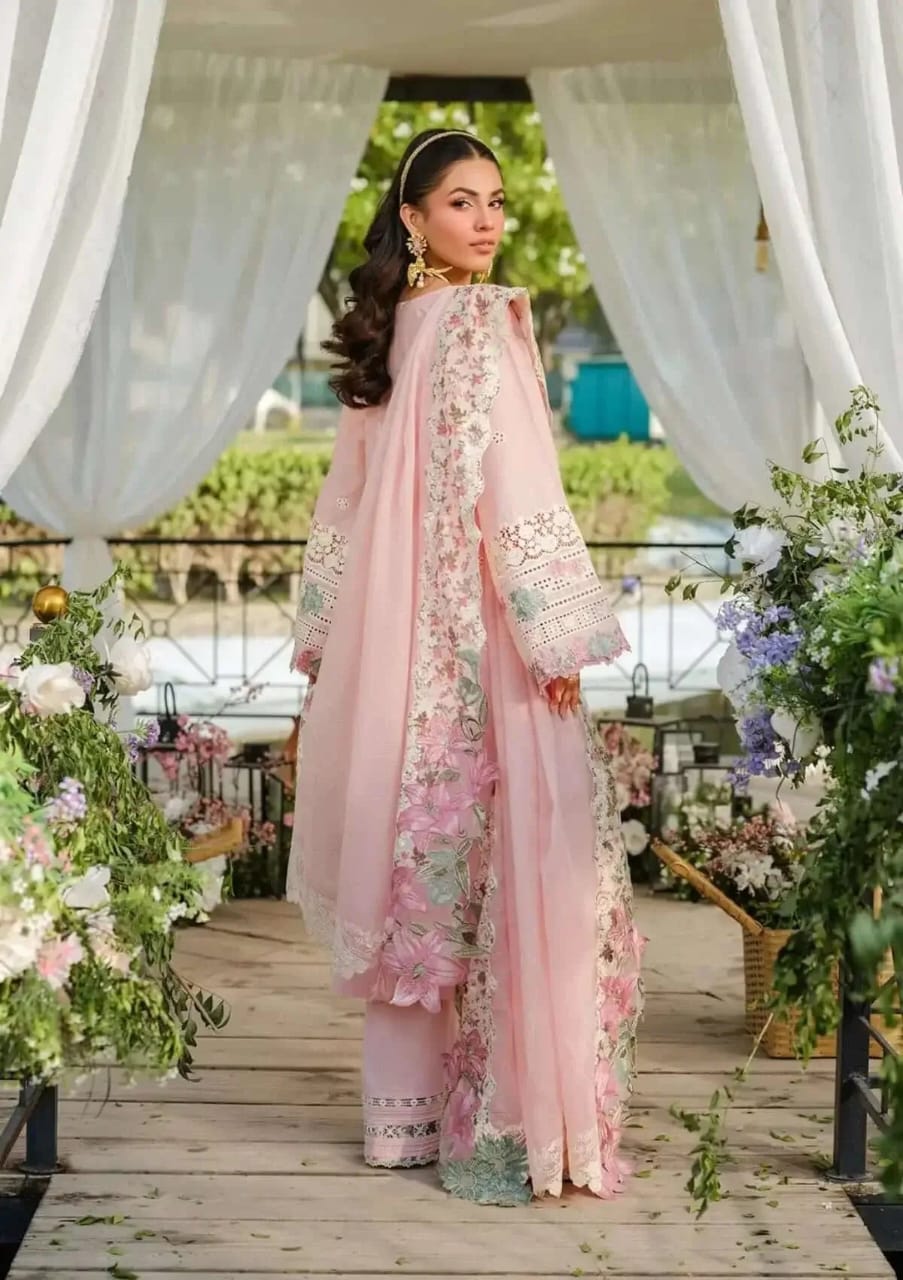 3 Piece Unstitched Heavy Embroidered Chickan Kari Lawn Suit (Four-sided Embroidered Cotton Net Dupatta)