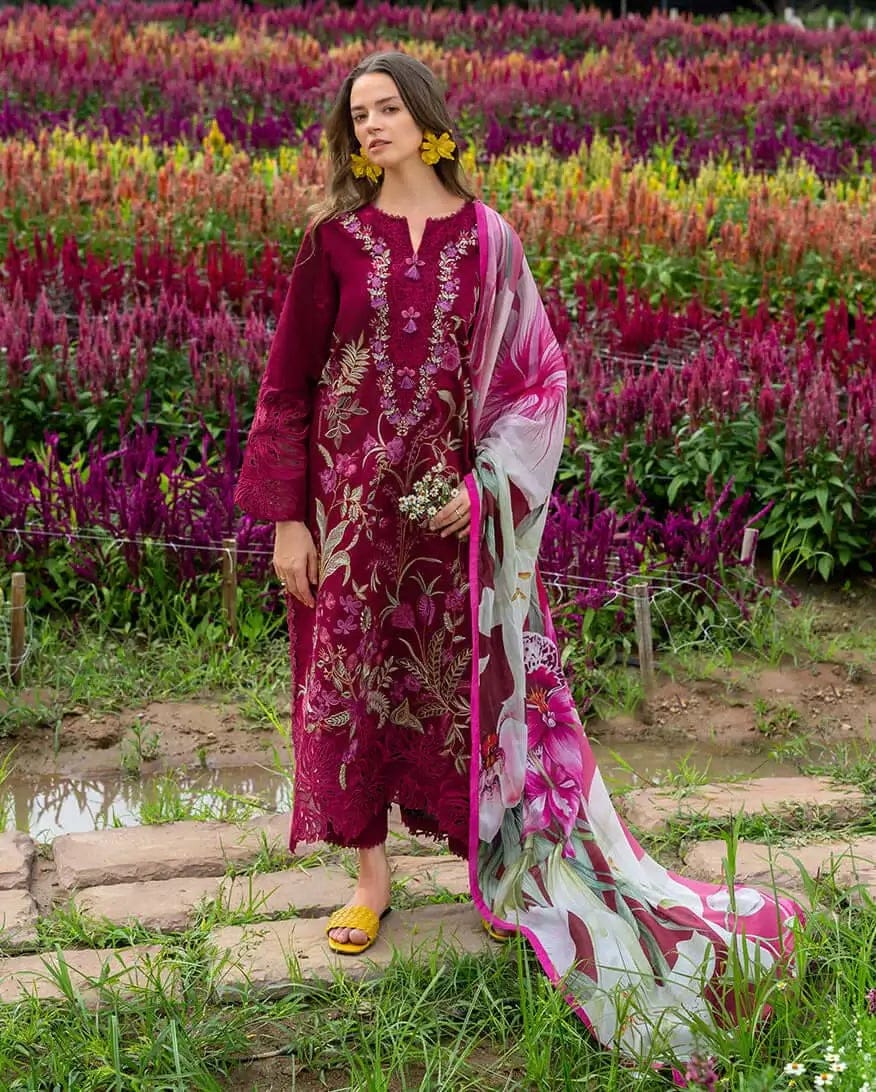 3 Piece Unstitched Heavy Embroidered Chickan Kari Lawn Suit (Printed Fine Silk Dupatta)