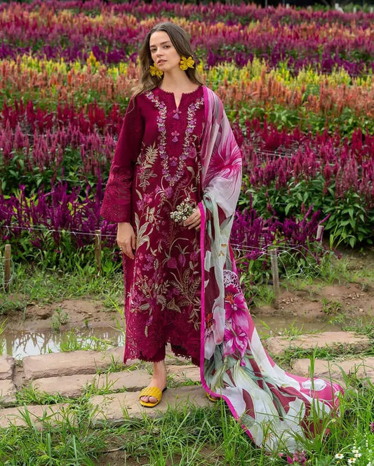 3 Piece Unstitched Heavy Embroidered Chickan Kari Lawn Suit (Printed Fine Silk Dupatta)