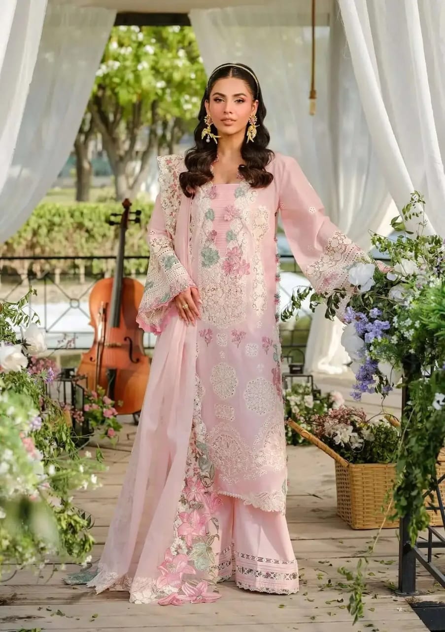 3 Piece Unstitched Heavy Embroidered Chickan Kari Lawn Suit (Four-sided Embroidered Cotton Net Dupatta)