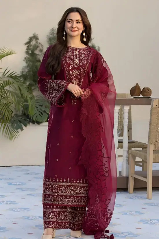 3 Piece Unstitched Heavy Embroidered Lawn Suit (Four-sided Embroidered Organza Dupatta)