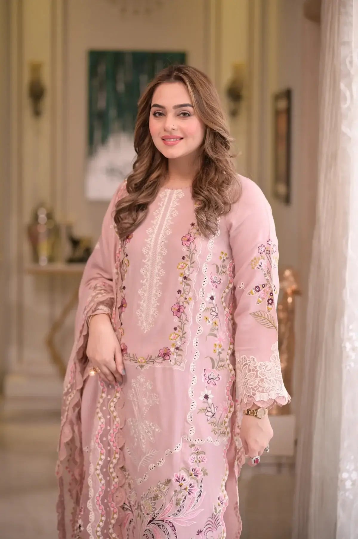 3 Piece Unstitched Heavy Embroidered Chickan Kari Lawn Suit (Ready To Wear Four-sided Embroidered Lawn Dupatta)