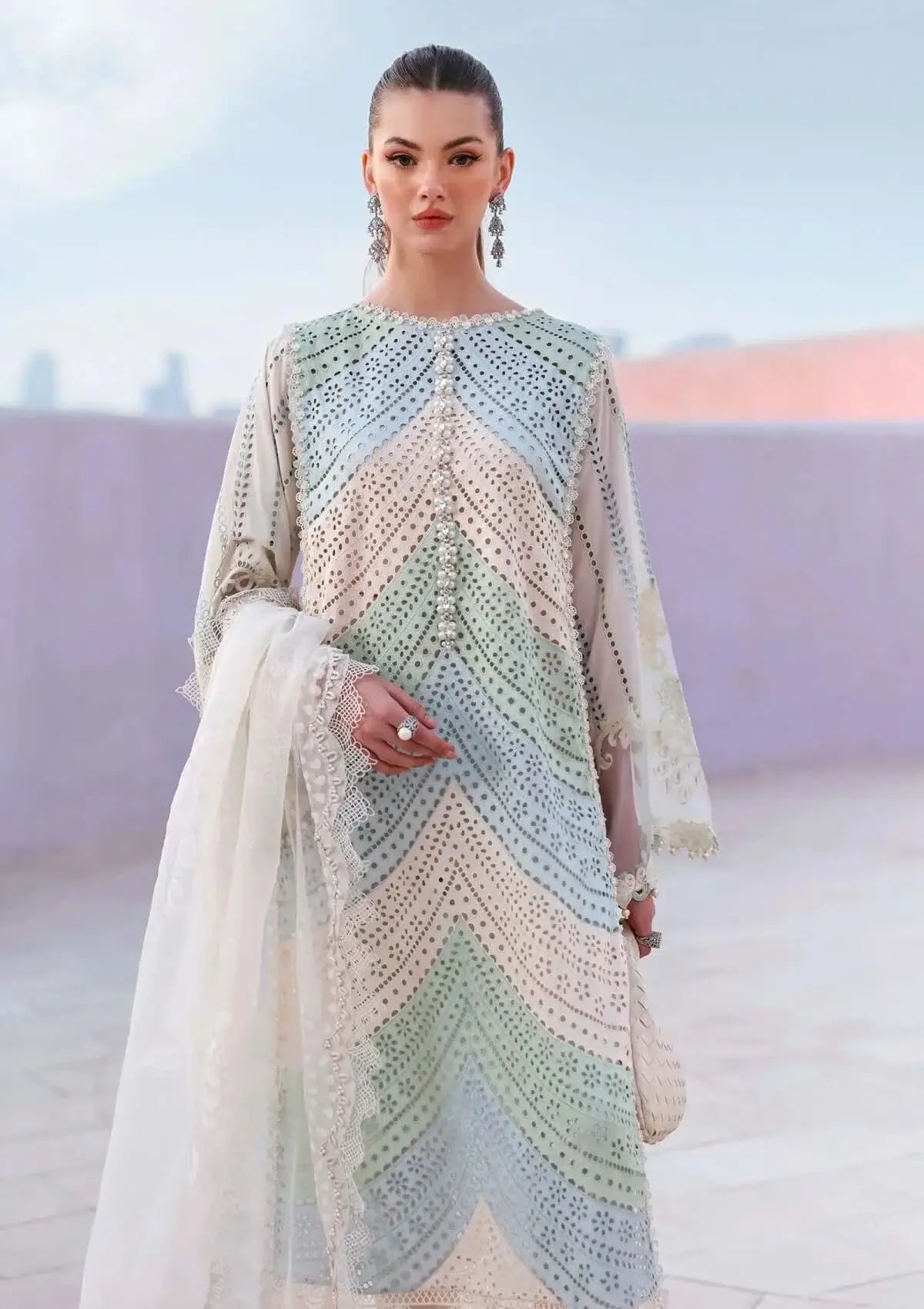 3 Piece Unstitched Heavy Embroidered Chickan Kari Lawn Suit (Four-sided Printed Embroidered Organza Dupatta)