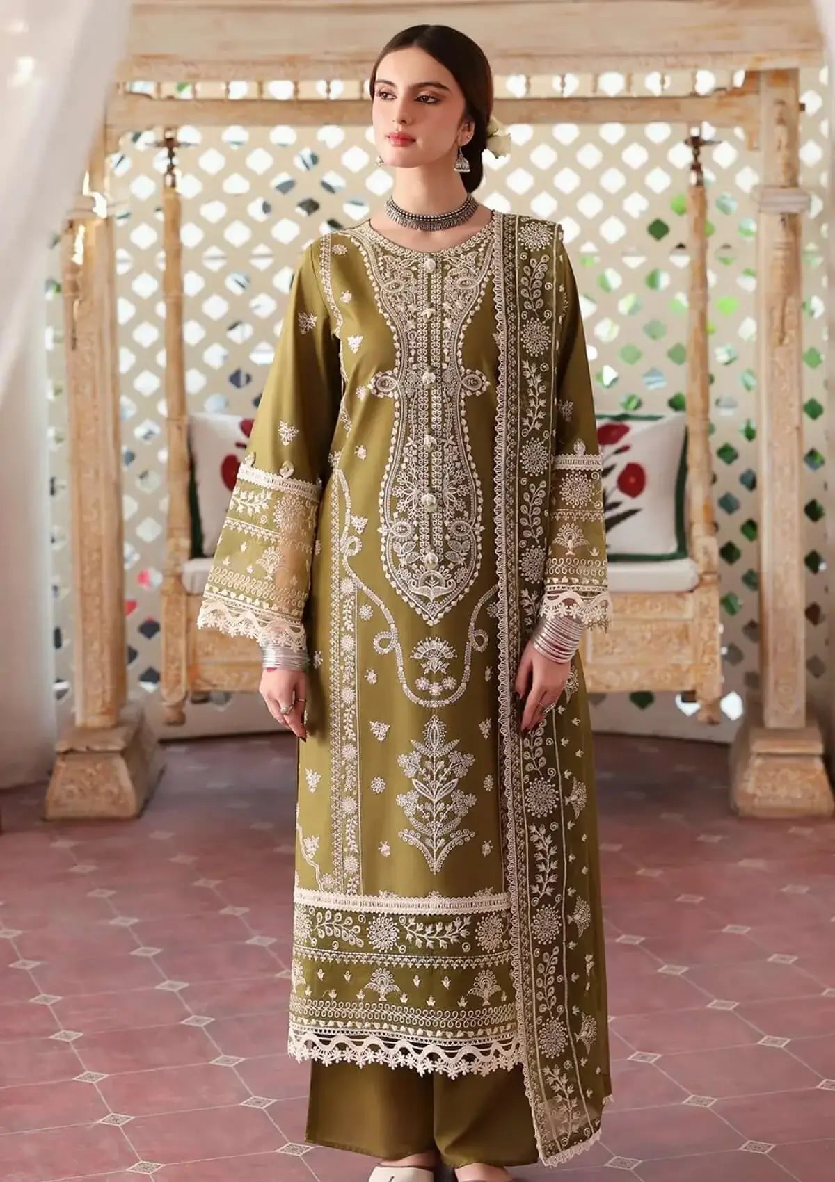 3 Piece Unstitched Heavy Embroidered Lawn Suit (Full Embroidered Chiffon Dupatta) NR-590