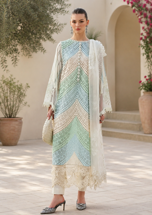 3 Piece Unstitched Heavy Embroidered Chickan Kari Lawn Suit (Four-sided Printed Embroidered Organza Dupatta)