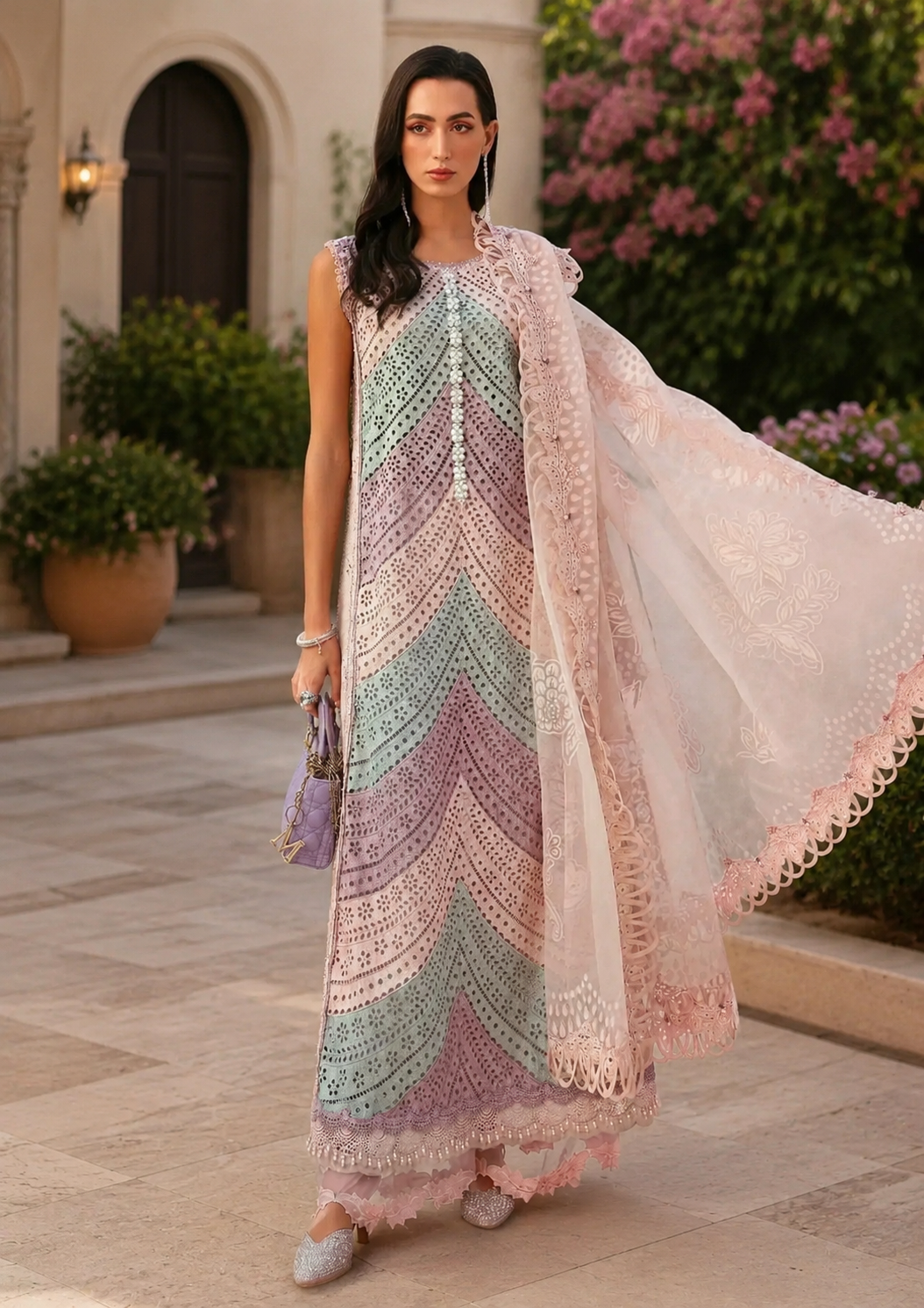 3 Piece Unstitched Heavy Embroidered Chickan Kari Lawn Suit (Four-sided Printed Embroidered Organza Dupatta)