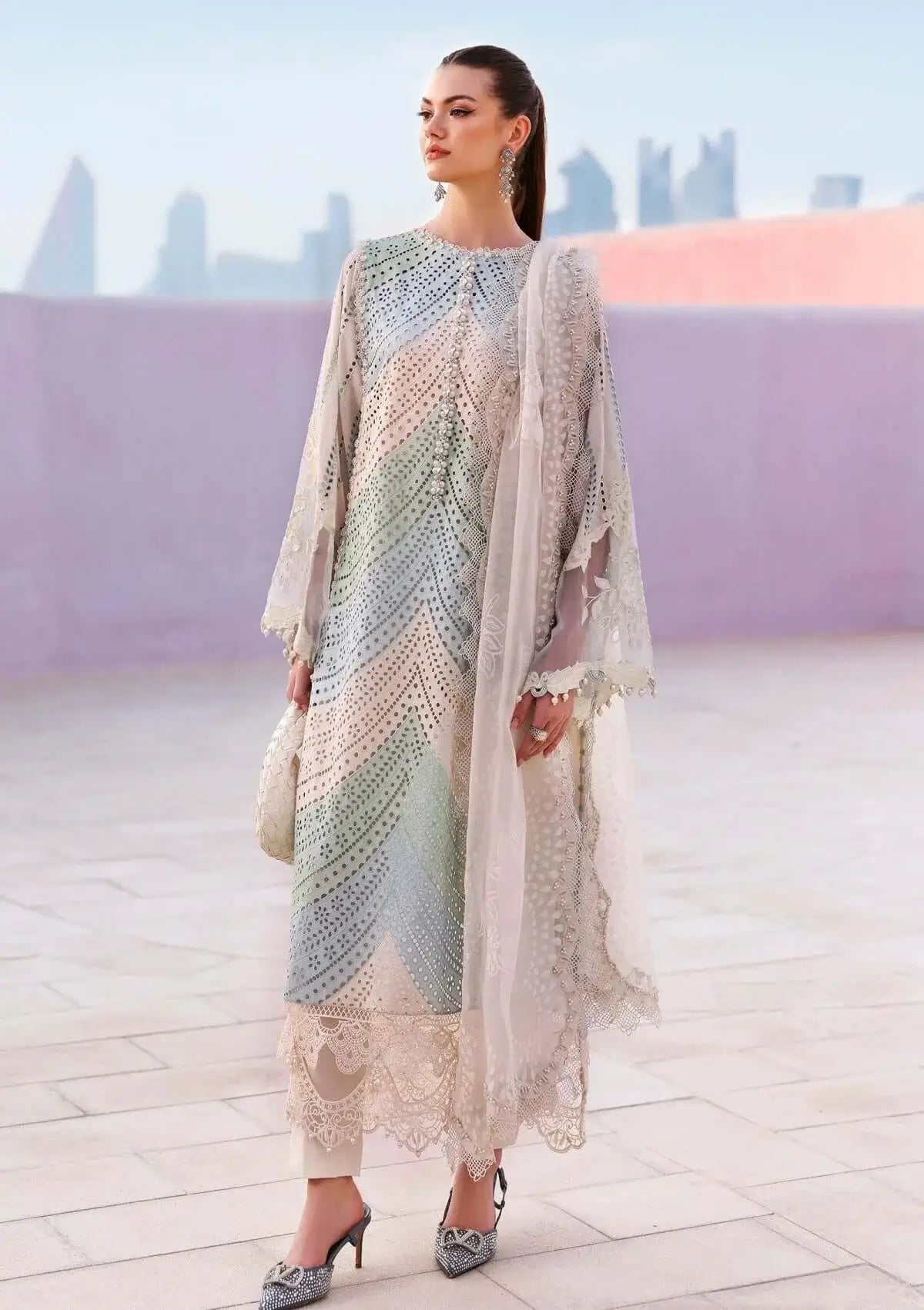 3 Piece Unstitched Heavy Embroidered Chickan Kari Lawn Suit (Four-sided Printed Embroidered Organza Dupatta)