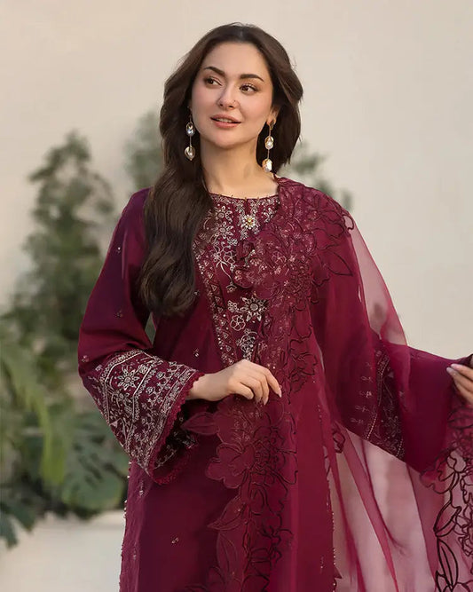 3 Piece Unstitched Heavy Embroidered Lawn Suit (Four-sided Embroidered Organza Dupatta)