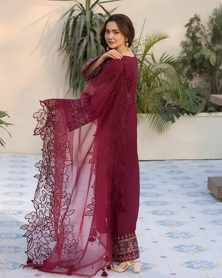 3 Piece Unstitched Heavy Embroidered Lawn Suit (Four-sided Embroidered Organza Dupatta)