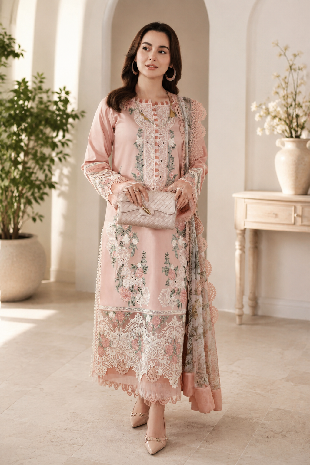 3 Piece Unstitched Heavy Embroidered Lawn Suit (Four-sided Embroidered Silk Dupatta) NQ-2765