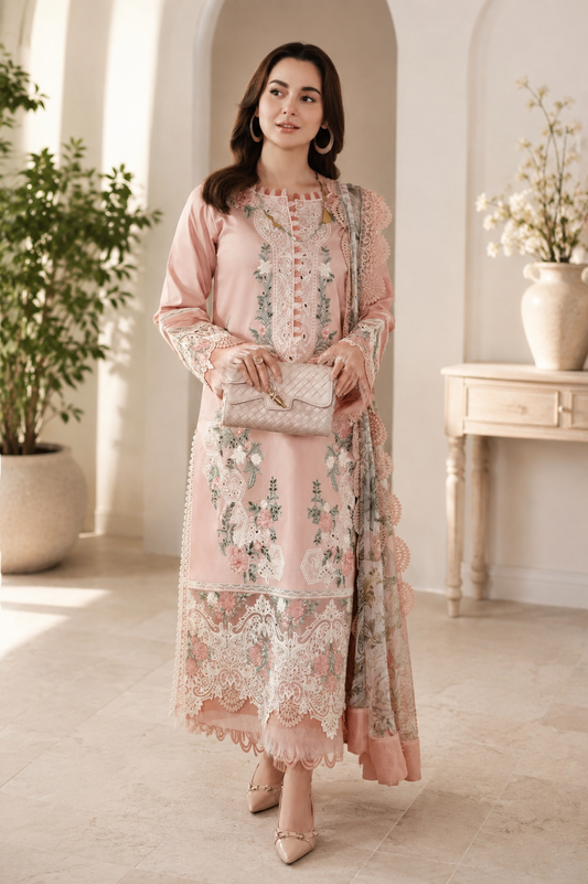 3 Piece Unstitched Heavy Embroidered Lawn Suit (Four-sided Embroidered Silk Dupatta) NQ-2765
