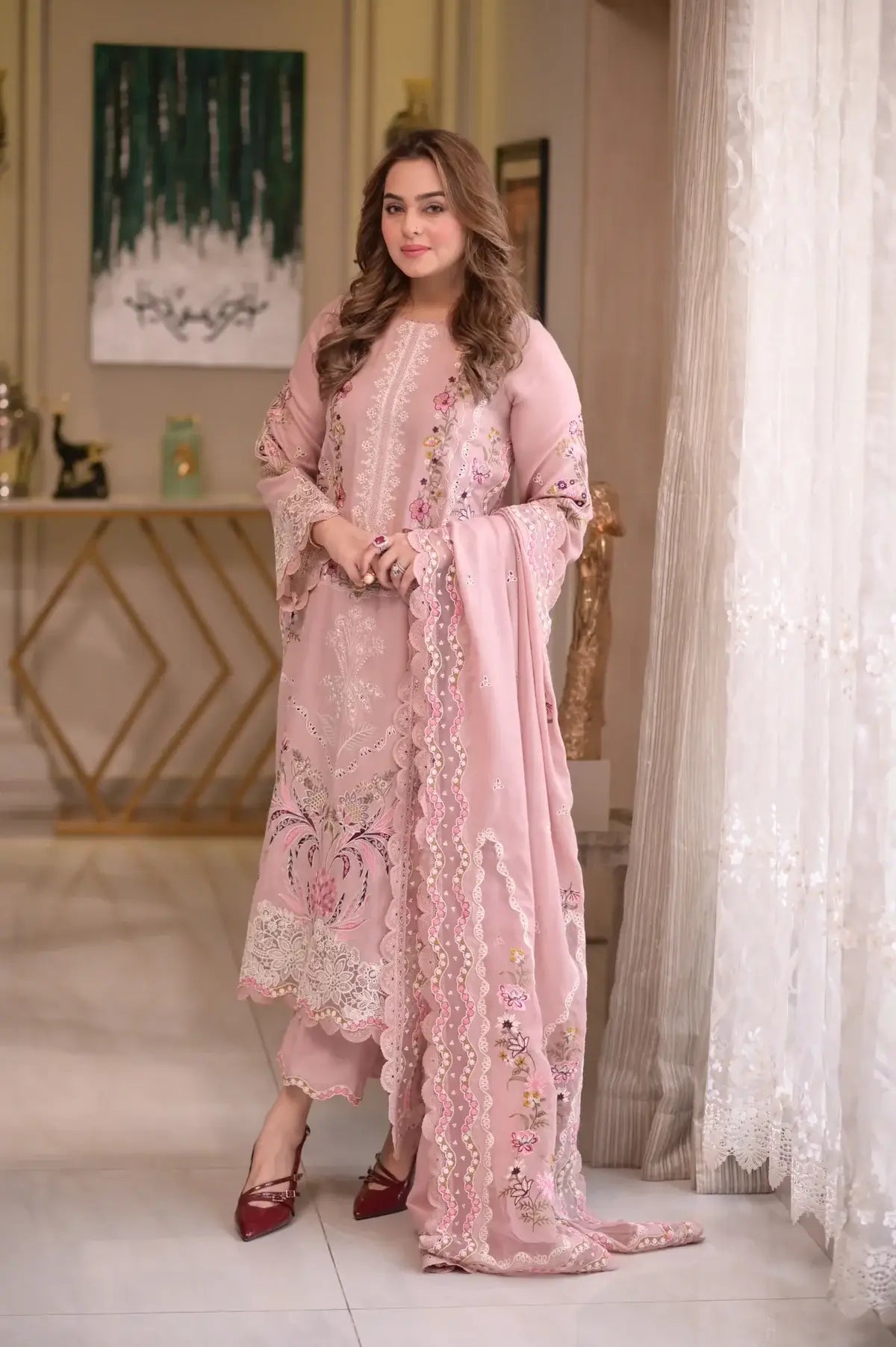 3 Piece Unstitched Heavy Embroidered Chickan Kari Lawn Suit (Ready To Wear Four-sided Embroidered Lawn Dupatta)