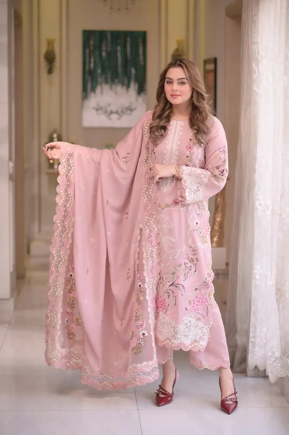 3 Piece Unstitched Heavy Embroidered Chickan Kari Lawn Suit (Ready To Wear Four-sided Embroidered Lawn Dupatta)