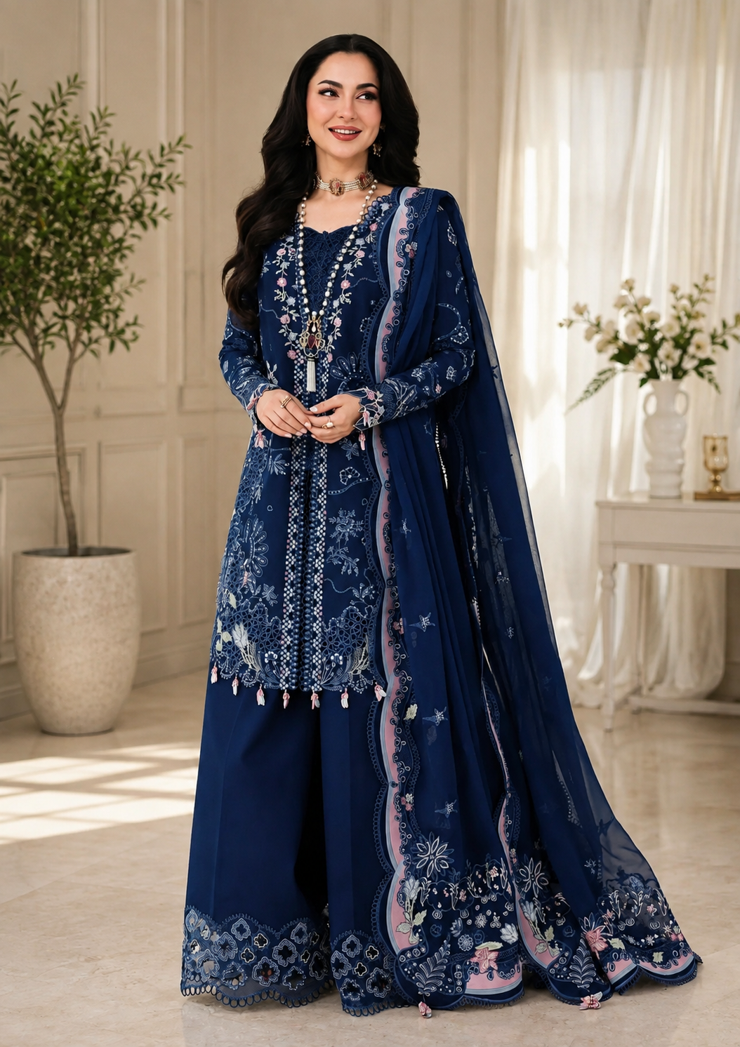 3 Piece Unstitched Heavy Embroidered Lawn Suit  (Four-sided Embroidered Chiffon Dupatta)