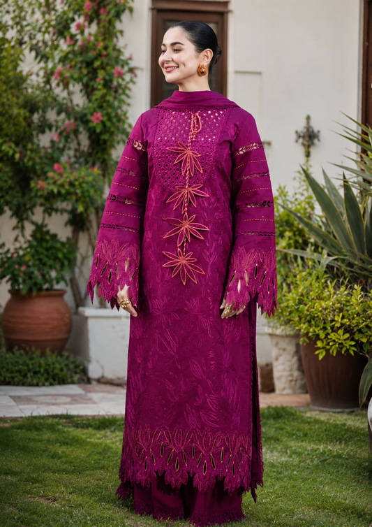 3 Piece Unstitched Heavy Embroidered Chickan Kari Lawn Suit (Four-sided Embroidered Lawn Dupatta)