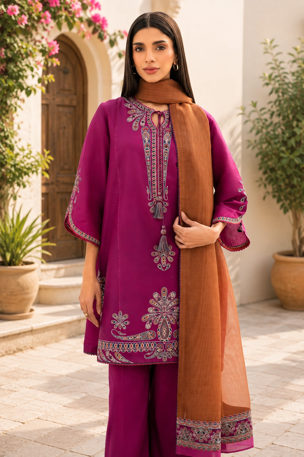 3 Piece Unstitched Heavy Embroidered Lawn Suit (Four-sided Printed Embroidered Chiffon Dupatta)