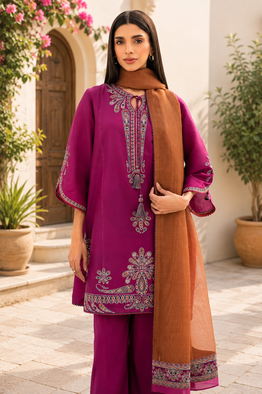 3 Piece Unstitched Heavy Embroidered Lawn Suit (Four-sided Printed Embroidered Chiffon Dupatta)