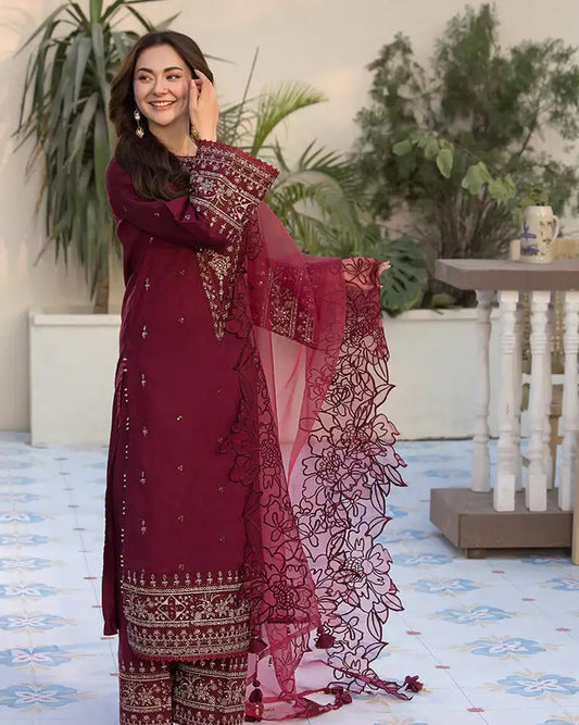 3 Piece Unstitched Heavy Embroidered Lawn Suit (Four-sided Embroidered Organza Dupatta)